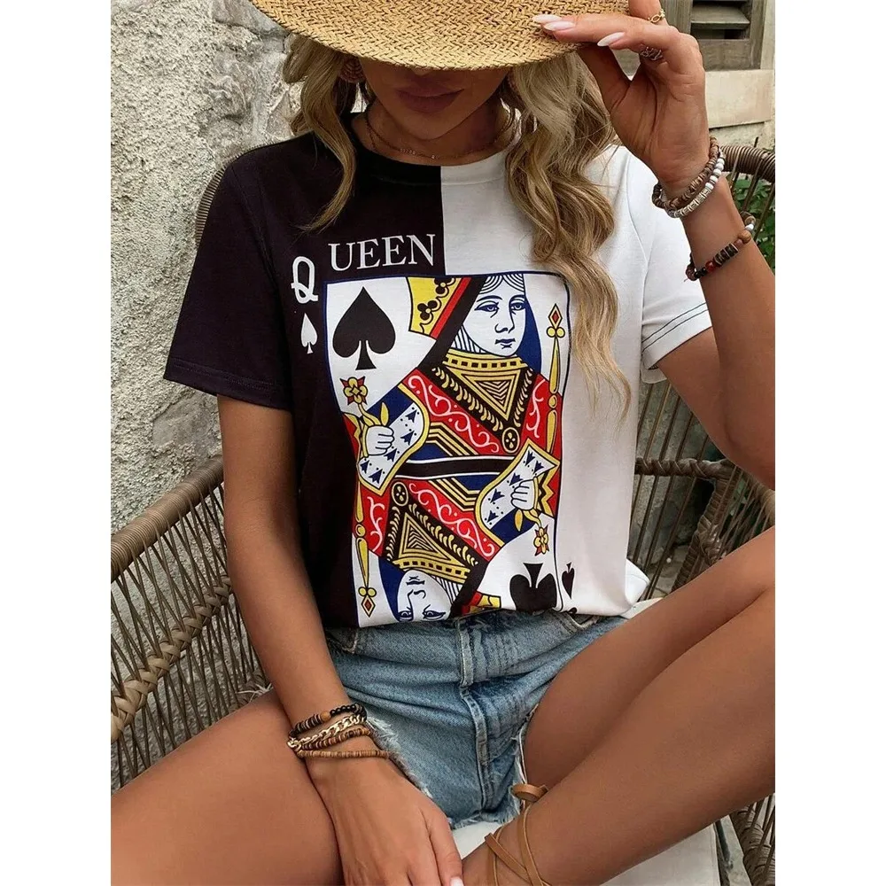 Camiseta con estampado de póker en 3D para mujer, Top informal de manga corta para uso diario, ropa de calle urbana a la moda con cuello redondo Y2K