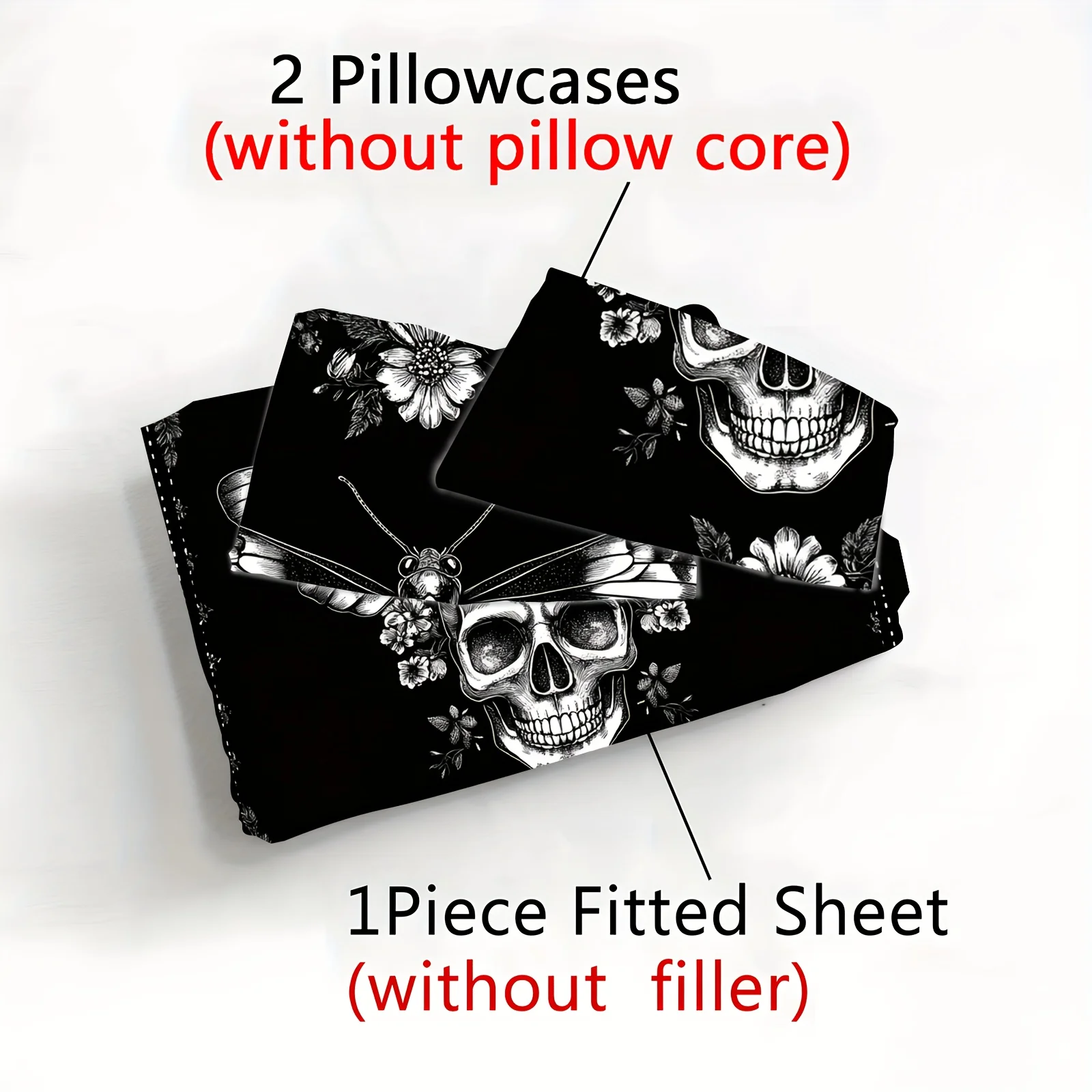 3-Piece Skull Print Bed Sheet Set with Floral and Wing Details, Breathable Polyester Fiber, Machine Washable, Suitable for All Seasons, for Bedrooms, Guest Rooms, and Large Bed Rooms
