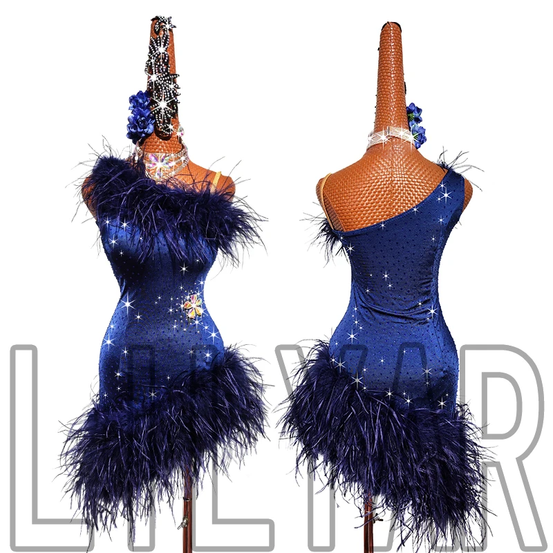 New Latin Dance Competition Performs Adult Women\'s Navy Blue Feather Oblique Shoulder Customized High Grade Dance Skirt