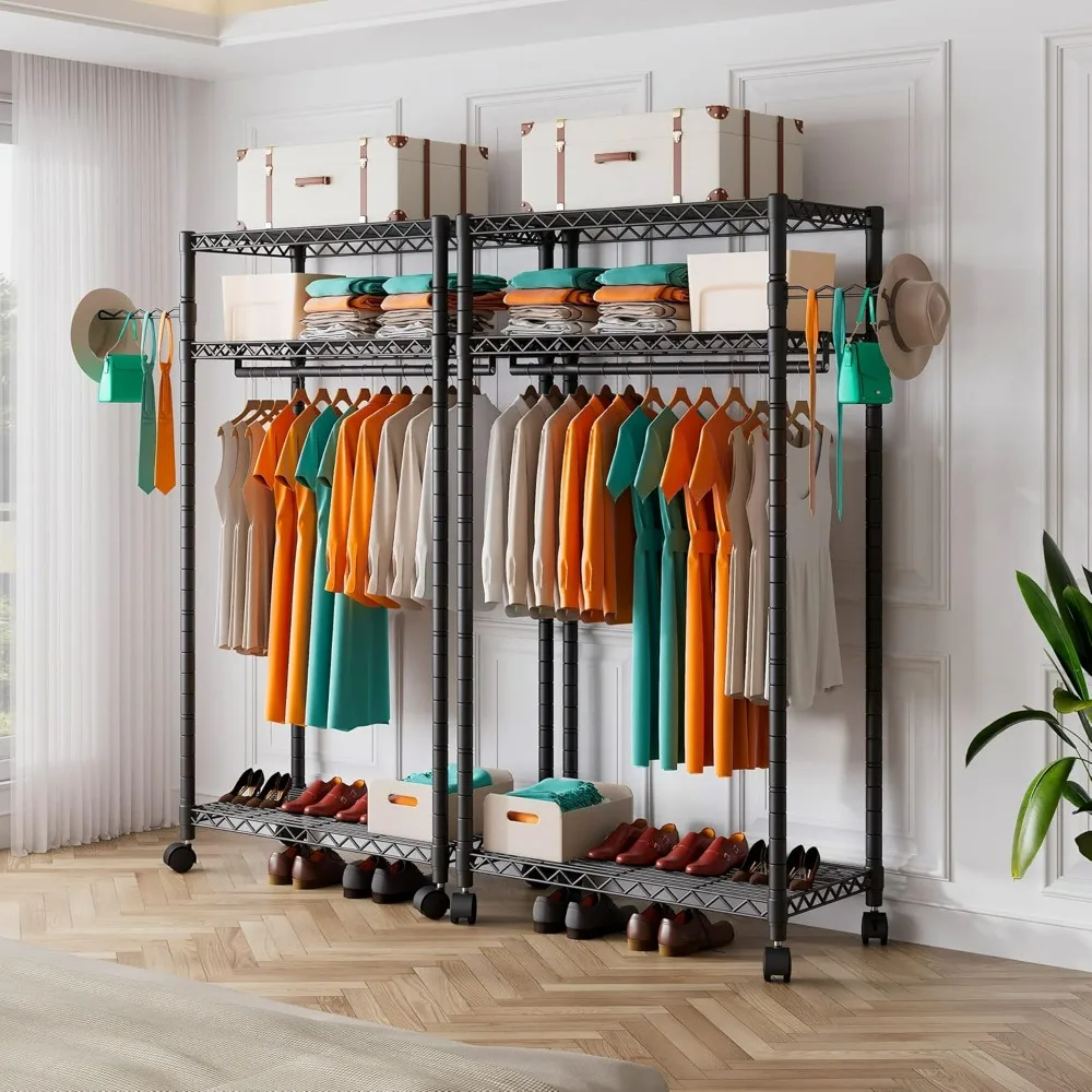 Heavy duty rolling portable clothes hanger, used for hanging clothes, clothes hanger, with 3 shelves, 1 hanging rod, 1 side hook