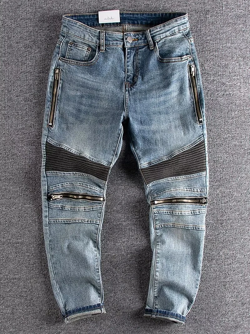 

Original Men's Slim Fit Jeans Trendy Splicing Long Trousers Waed Ameika Khaki Retro Motorcycle Pants Autumn Youth Casual Wear