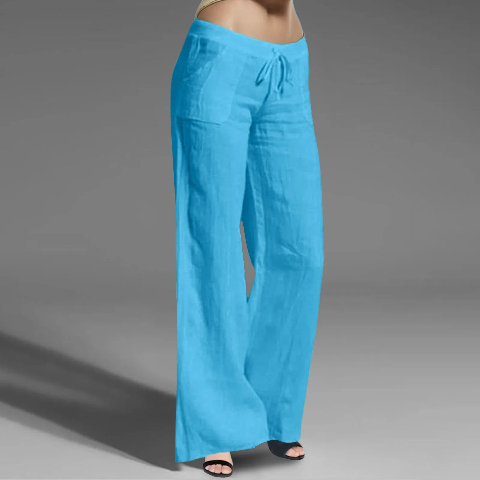 Spring Summer Solid Color Loose Pants 2024 Fashion Women Long Wide Cotton Elastic Waist Casual Solid Pants Drawstring Pants