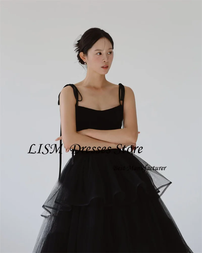 

LISM Modern Black Tulle Evening Dresses Korea Wedding Party Photo shoot Spaghetti Straps Floor Length Bride Gowns Corset Back