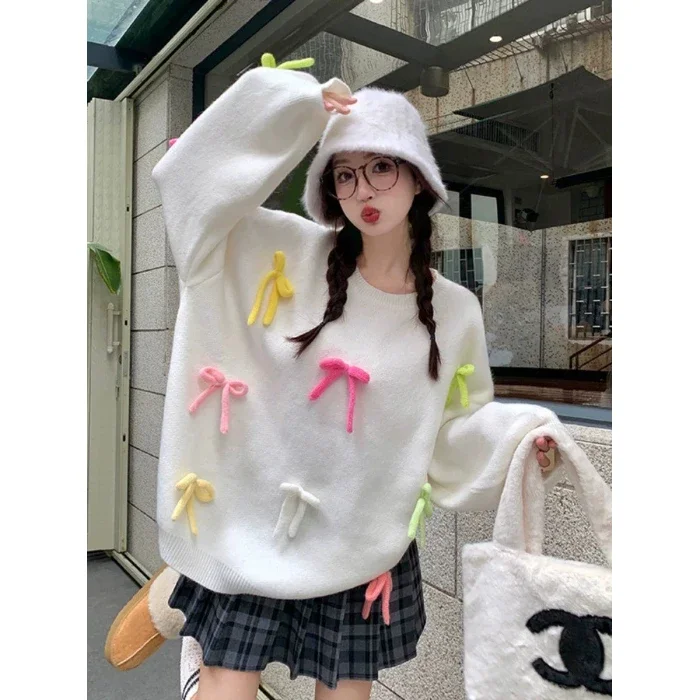 2023 Ropa Mujer Sweet Pullovers Women O-neck Long Sleeve Bow Jumper Pull Femme Fall Winter Clothing Knitted Oversized Sweater