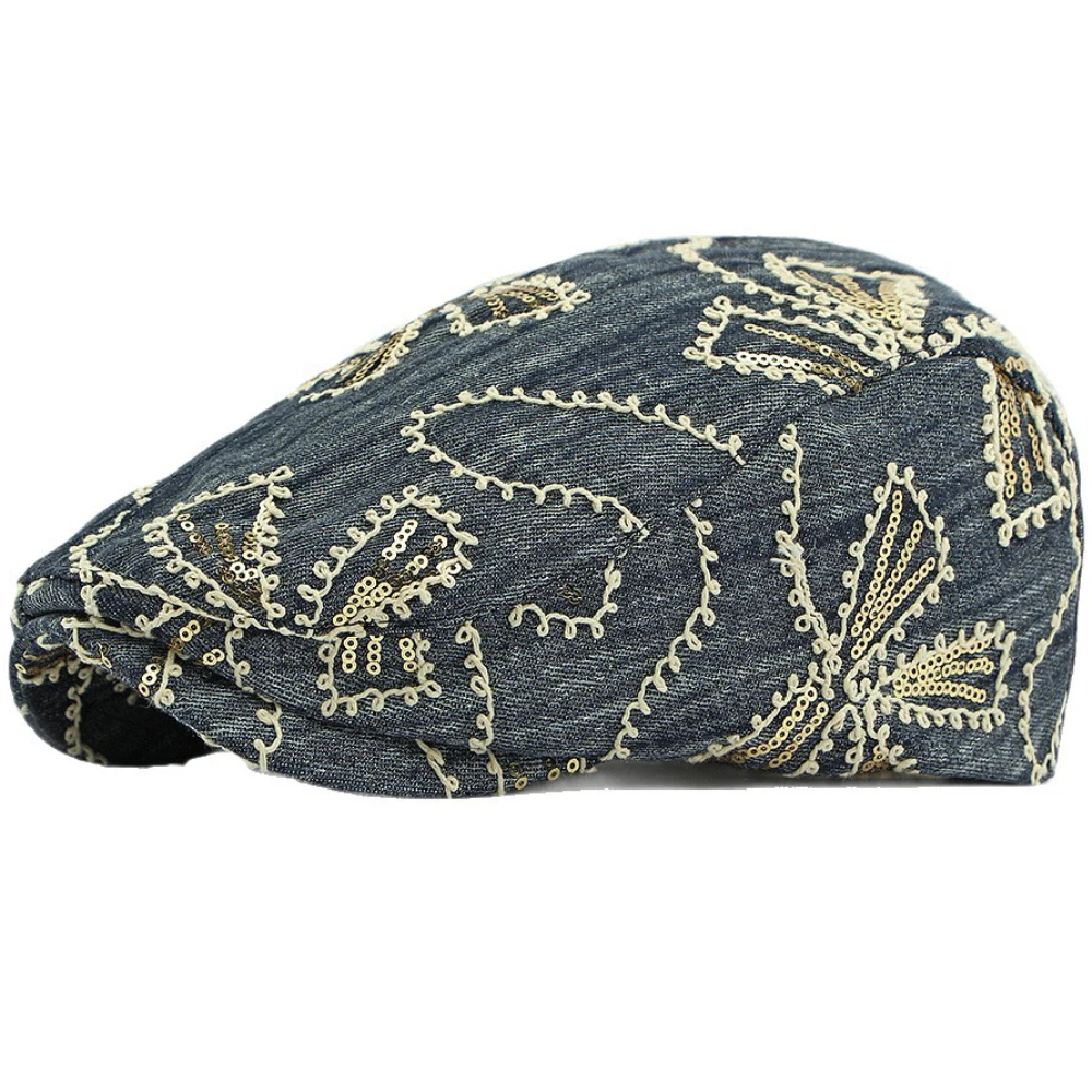 HT4833 Herren Berets Frauen Vintage Künstler Maler Baskenmütze Hut Männlich Weiblich Pailletten Ivy Flache Kappe Frühling Sommer Herbst Denim Baskenmütze Kappe – Detail 5