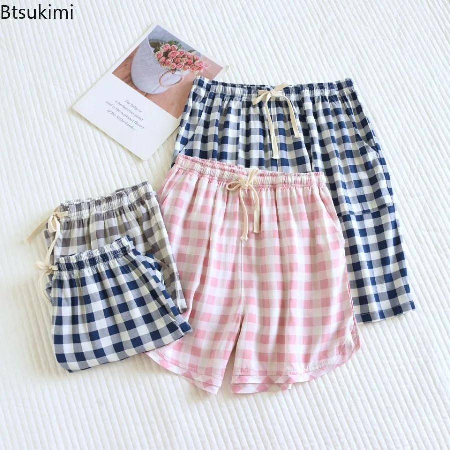 2026 Summer Couple's Pajamas Poplin Thin Style Shorts Simple Elastic Waist Casual Small Plaid Lattice Men and Women Home Pants
