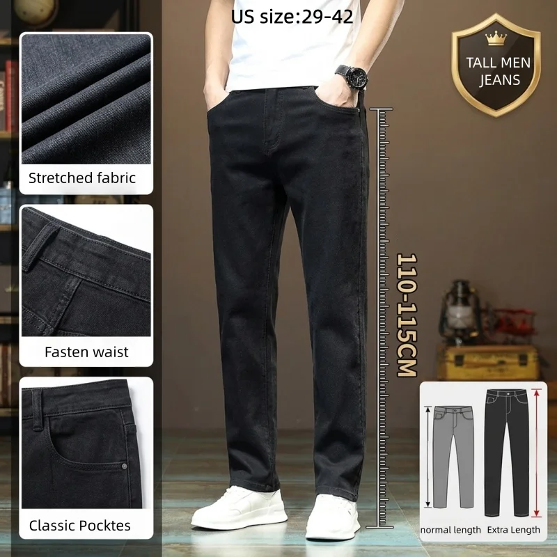 Extra Long Men Black Jeans 110-115CM for Tall Guys Elastic Slim Fit Spring Autumn Stretched Thick Pencil Pants Denim Trousers