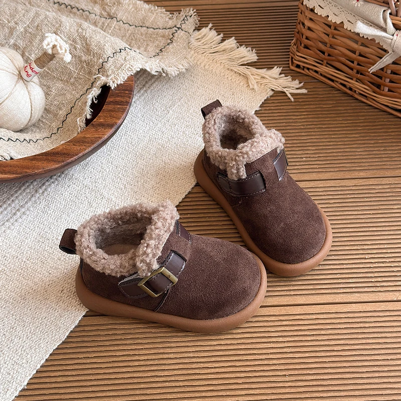 Unisex Toddler Sherpa‑Lined Winter Ankle Boots, Suede‑Look Upper With Metal Buckle Thick Soft‑Soled Kids Warm Shoes