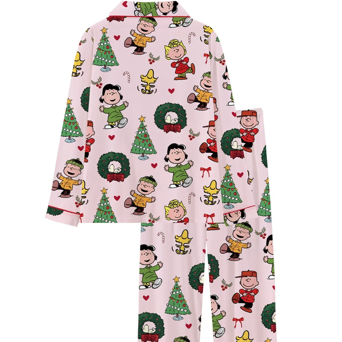Peanut Snoopy Christmas Pajama Set Pink Collar Shirt Pants Cute Cartoon Christmas Tree Wreath Printed Soft Casual Home Clothes
