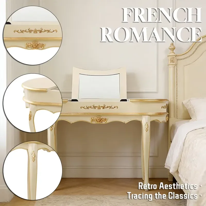 Custom Made French Solid Wood Vanity Dressing Table Folding Flip-Top Mirror Gold Foil Storage for Hotel Apartment