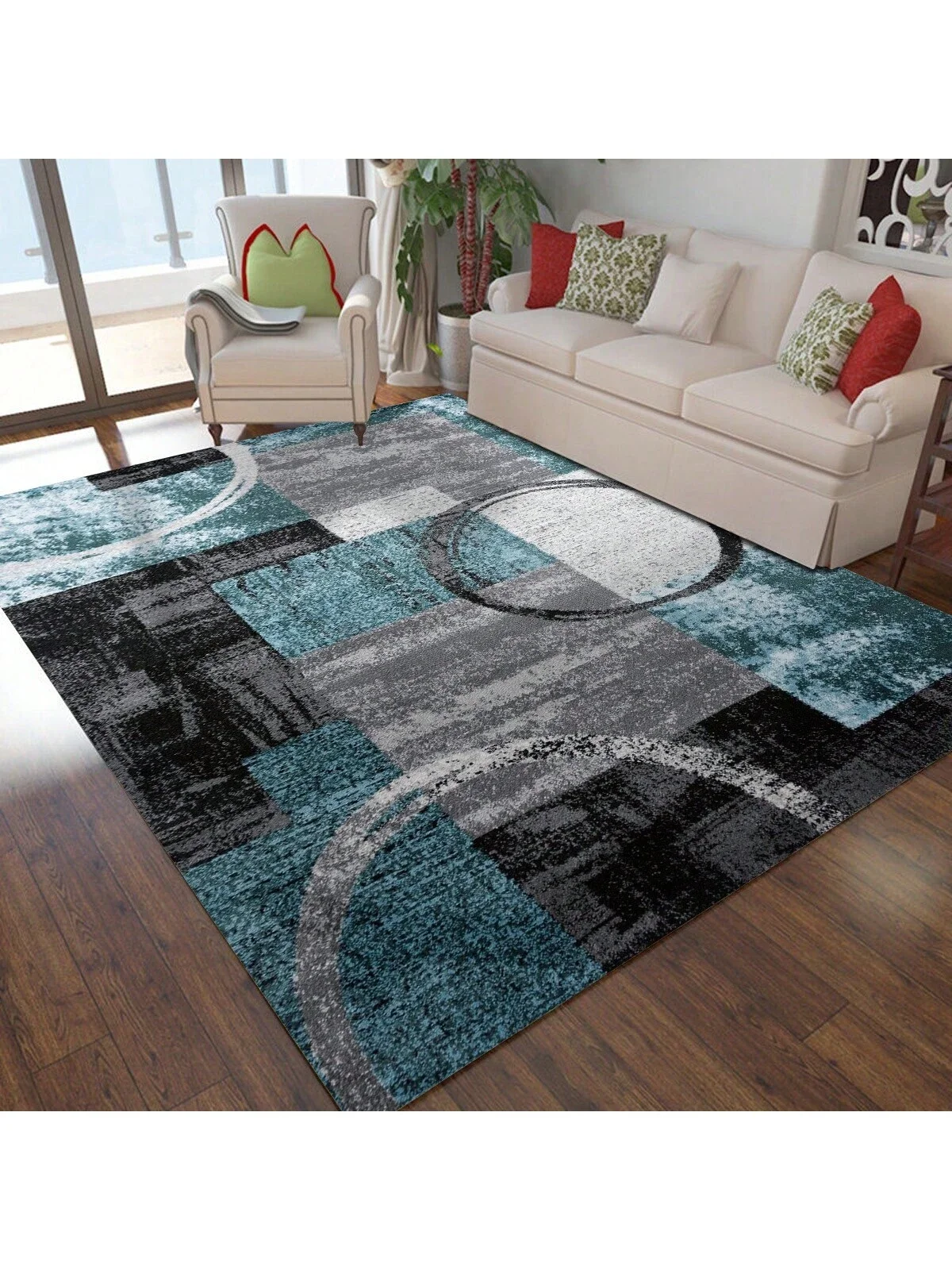 1pc Blue Ombre Design Geometric Block Graffiti Living Room Carpet, Modern & Simple -Friendly Thick Decorative Floor Mat, Indoor 