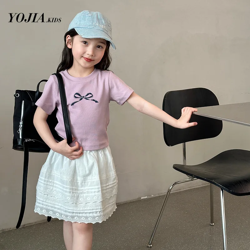 

Girls Shirt Top Summer Short-sleeved T-shirt 2024 New Korean Style Slim-fit Half-sleeved T-shirt Bow Children Solid Fashion Top