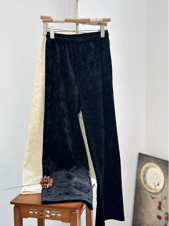 Damskie spodnie z szerokimi nogawkami z aksamitu na zimę, nowe, w stylu chińskim, złoty aksamit, luźne, proste, codzienne spodnie.