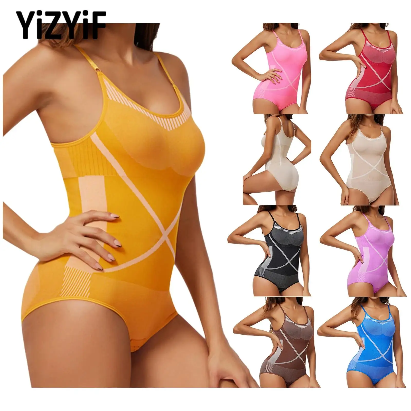 

Women Breathable Gym Workout Fitness Bodysuit Contrast Color Bodysuit Shapewear Hook-And-Eye Crotch Leotard Body Shaper Swimwear