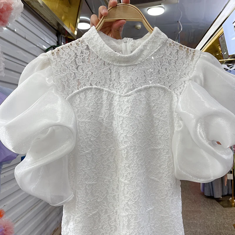 Chemise pour femmes, nouveau Design français Sense, manches bouffantes blanches et noires, en dentelle Crochet, s340, été