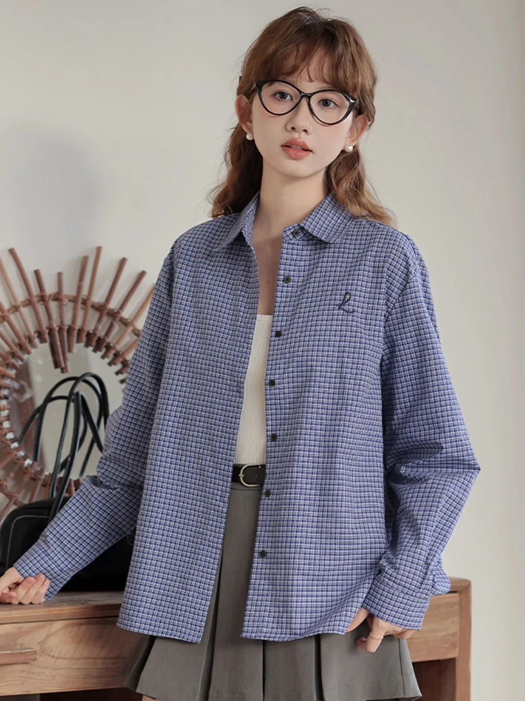 

Blue Plaid Embroidered Long Sve Cotton irt Women's Spring Autumn Loose Layering Casual Sle Pure Cotton Breathable Top