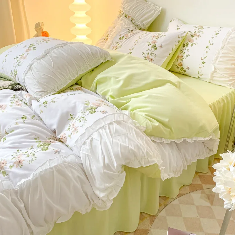 

Princess Floral Home Bedding Set Without Filler Ruffle Edge Quilt Cover Soft Flat Sheet Pillowcase Girls Green Bed Linens