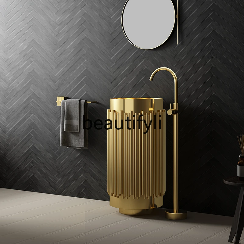 Light luxury gold stainless steel column type wash basin integrated floor bathroom