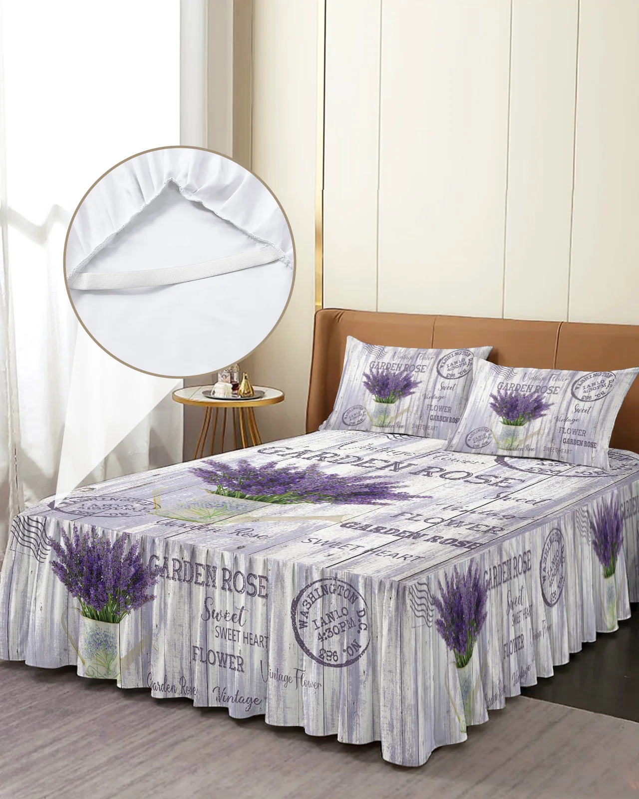 Flower Lavender Kettle Vintage Postcard Wood Bed Skirt Fitted Bedspread With Pillowcases Mattress Cover Bedding Set Bed Sheet