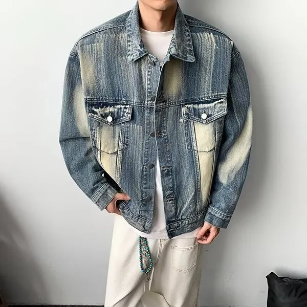 معطف رجالي كبير الحجم من قماش الدنيم للخريف والشتاء بربطة عنق صبغ فيتي طويل Sve ملابس عمل معطف أمريكي Sle Clean Fit Youth Faion #2