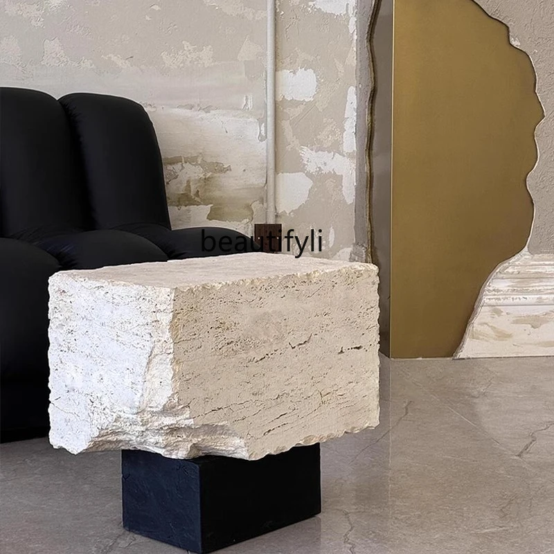 Sofa side wabi-sabi wind villa model room retro travertine small coffee table marble living room corner table