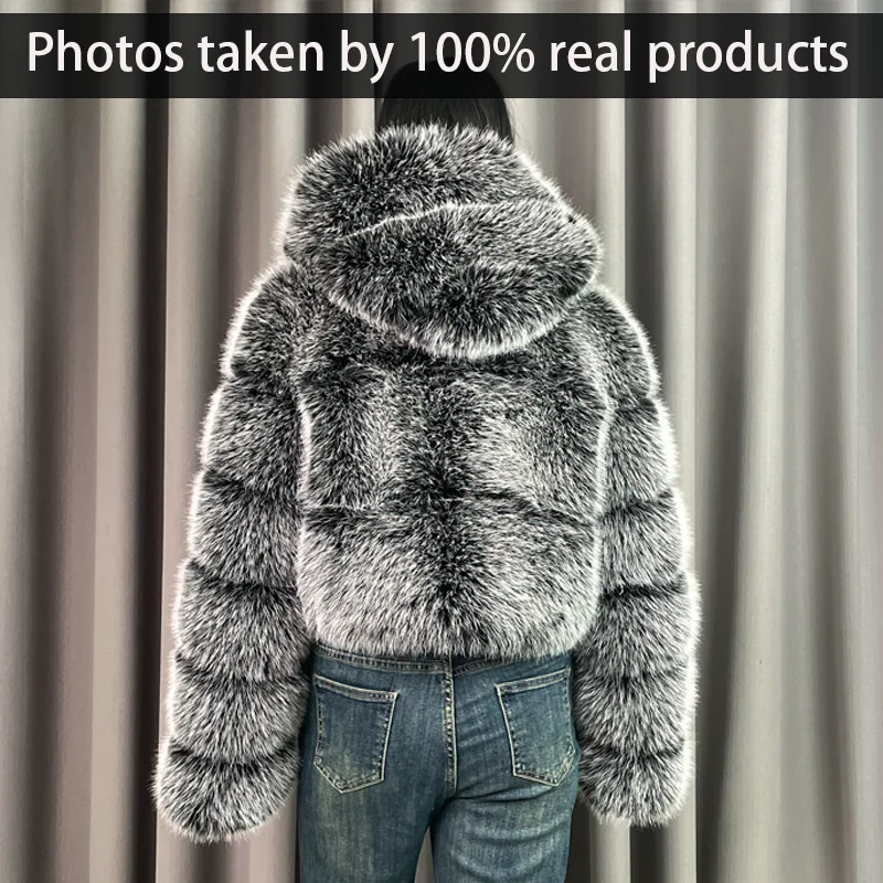 Winter Warm Ladies Fake Fox Fur Jacket Short Fashion Hooded Artificial Fox Fur Coat High Quality Women's Cropped Fur Coat Black