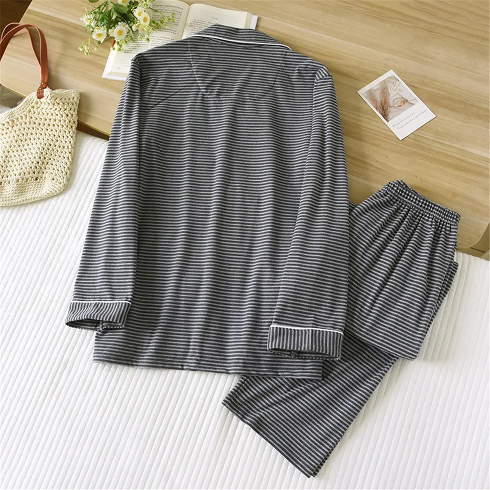 Men's Loose Striped Pajamas Set Autumn German Fleece Home Clothes Long Sleeve Shirt Pants Sleepwear Nightwear Pajamas Set