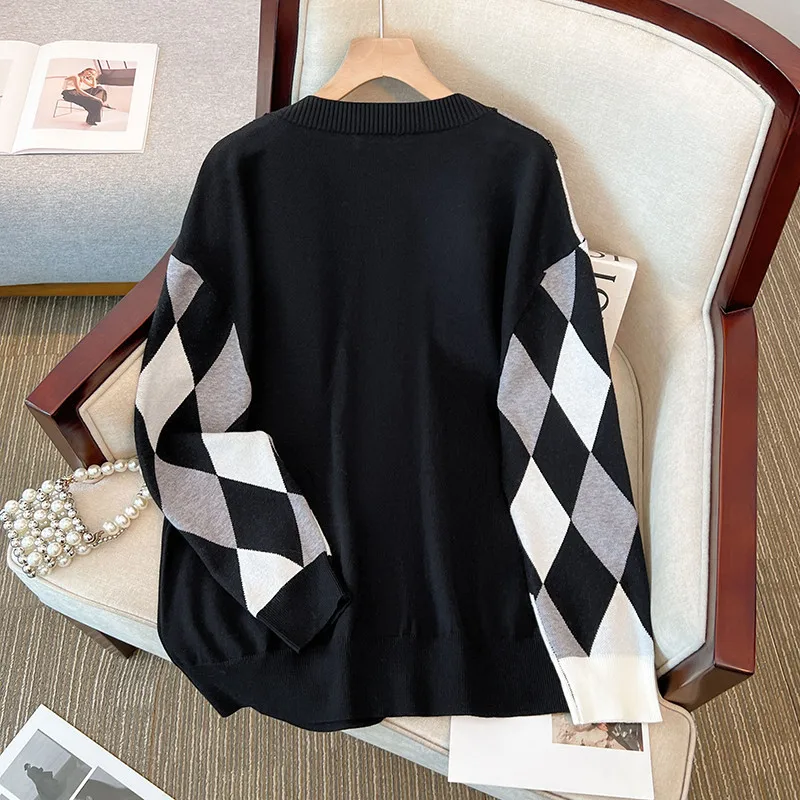 160Kg Plus Size Women\'s Bust 160 Autumn Loose Cardigan V-Neck Sweater Knitted Diamond Plaid Coat Black 6XL 7XL 8XL 9XL10XL