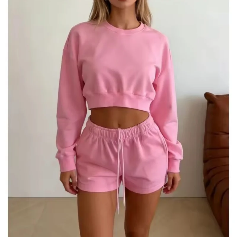 Frühling Sommer Damen-Sweatshirt mit Rundhalsausschnitt und langen Ärmeln, zweiteiliges Set, lässiger Sweatshirt+Shorts-Anzug, täglicher Damen-Trainingsanzug