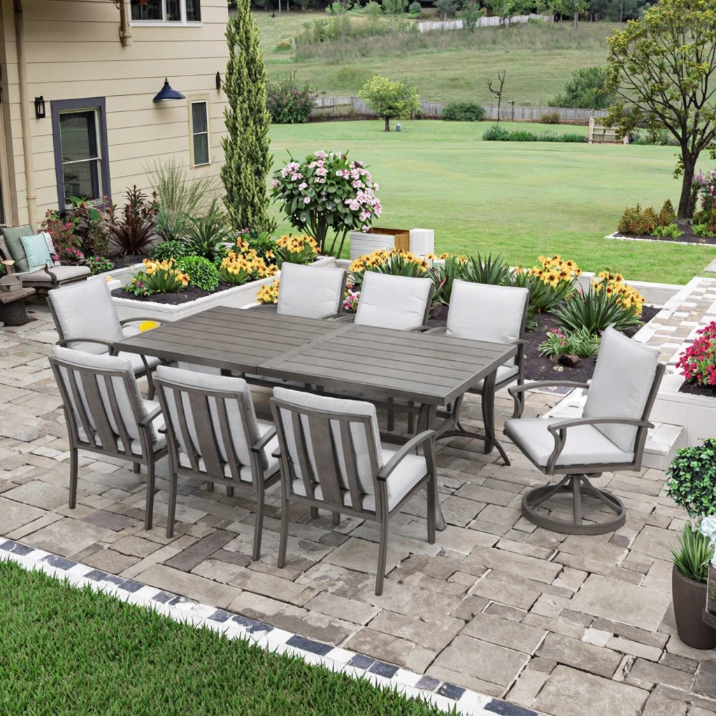 

Free US Shipping Minimalist Garden Patio Furniture Long Dining Table Comfortable Outdoor Chairs Waterproof Cushions for Hotels