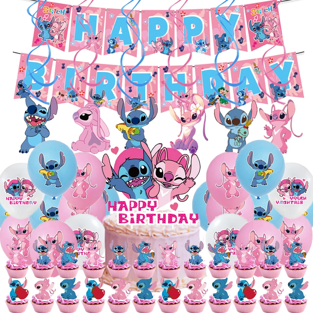 Disney Pink Lilo Stitch and Angel Birthday Party Decoration Lilo&Stitch Cups Plates Balloon Banner Bracelet Gift Favors