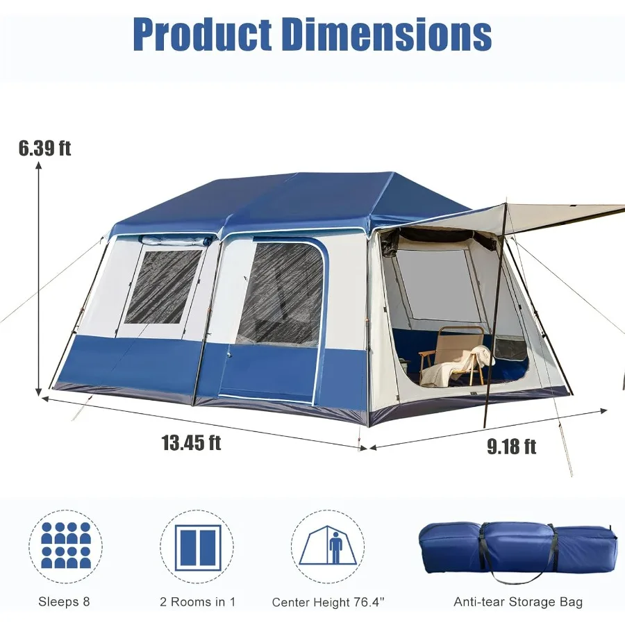 Instant Cabin Tent 4/8 Person Family Large Camping Tent with 60s Easy Setup Rainfly Waterproof Design Portable with Carry Bag f