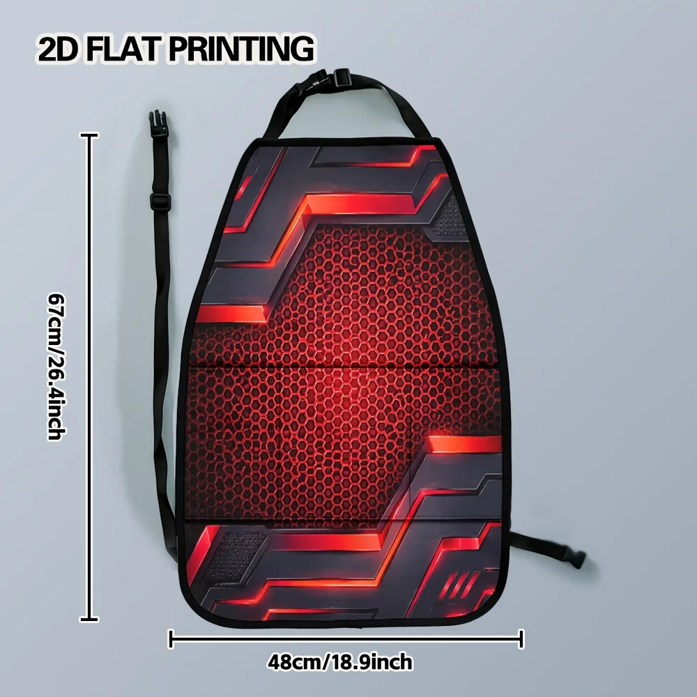 2D Flat, 2pcs Futuristic Red Hexagonal Pattern Car Kick Mats Integrated Backseat Organizer, Elastic Band Fixed Foldable Design,