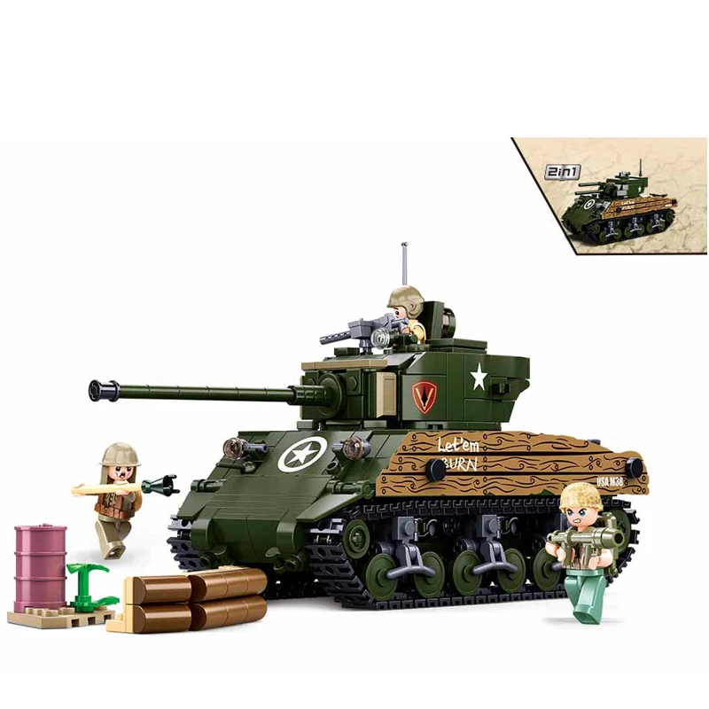 Military WW2 Army Vehicle Sherman M4A3 Medium Tank Building Blocks Soldier Weapon Bricks Classic Model Kids Toys New Year Gift