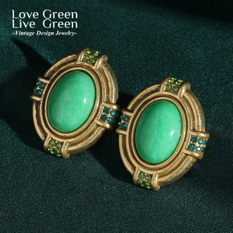 

Vintage Oval Green Natural Stud Earring Stone Rhinestone Delicate Jewelry Antique Gold Color For Women Accessories Wedding 2025