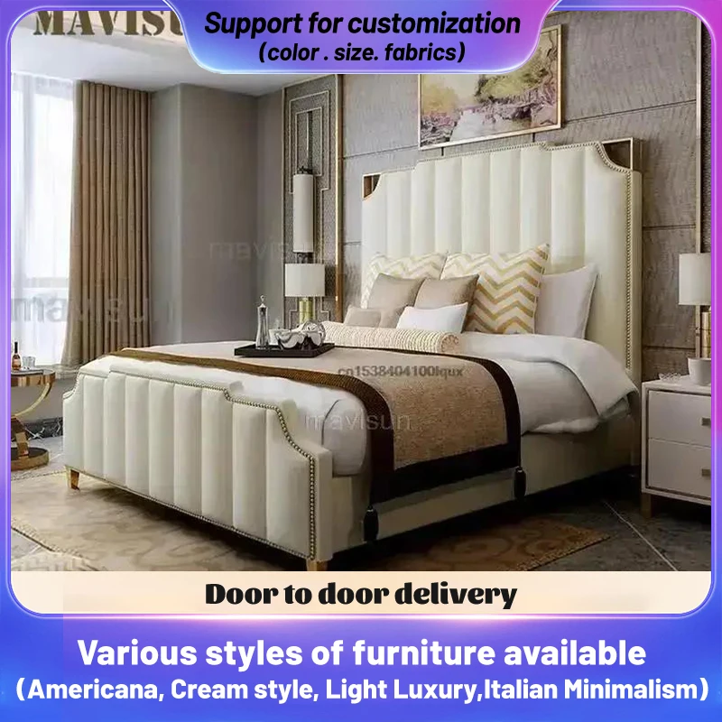 

Light Luxury Double Bed For Bedroom High-end Furniture For Villa With Storage White Leather King Size Bed With 2 Nightstands