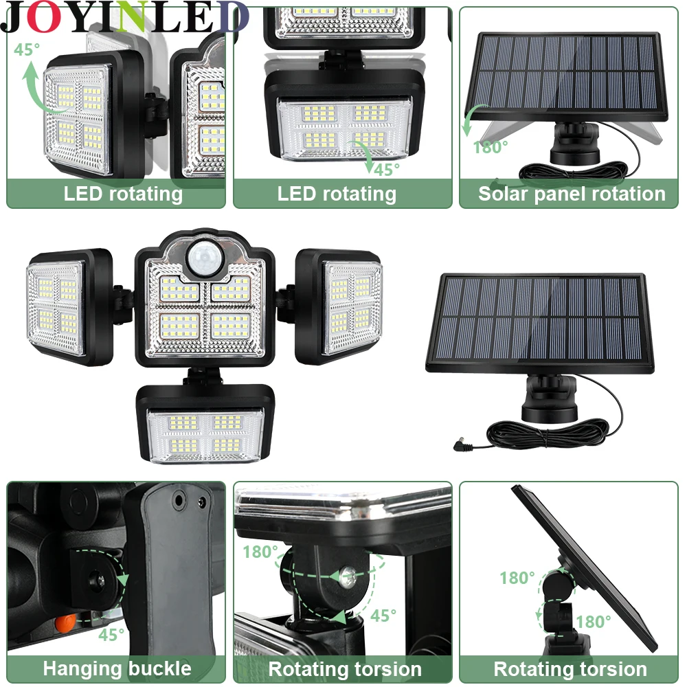LED Light Motion Sensor 192/198 LED 3 Modes IP65 Waterproof with Remote Solar Wall Security Light 4 Heads Outdoor Lighting