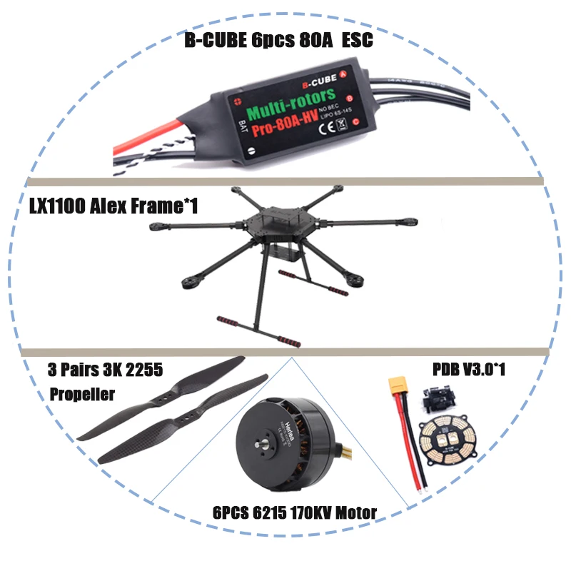 

LX1100 All Carbon Fiber 1100Mm Six Rotor Frame B-Cube 80A Esc Group 6215 Motor Pixhawk 2.4.8 M8N GPS Flight Control Ardupilot