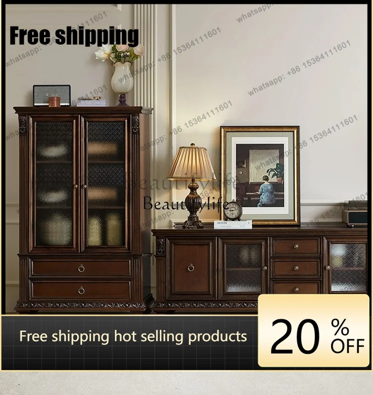 Factory Direct American Double-door Wine Cabinet Pure Solid Wood Retro Curly Grass Pattern Carved Furniture