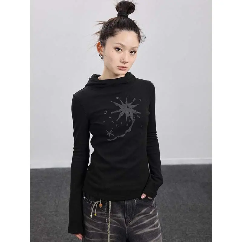 American Retro Long Sleeved T-shirt for Women in Spring and Autumn German Velvet Hooded Mercury Print Slim Fit Base Shirt Top