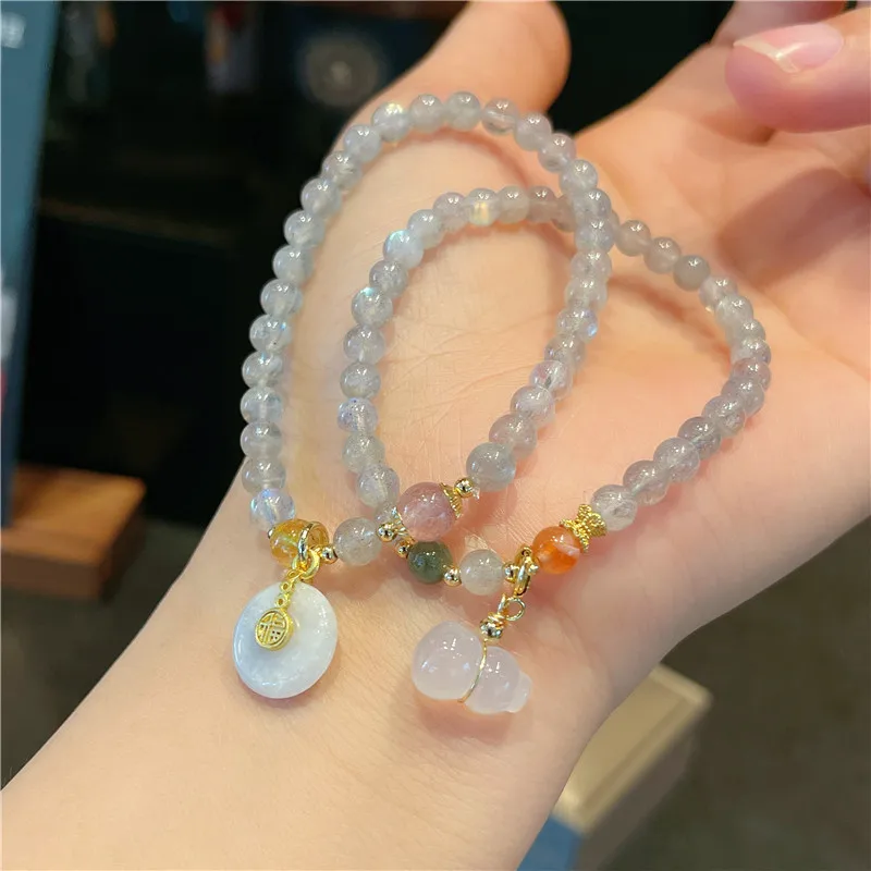 

Lucky Jade/Gourd Pendant 6mm Natural Gray Moonstones Beaded Strand Bracelets for Women Fine Jewelry Accessories Wholesale YBR763