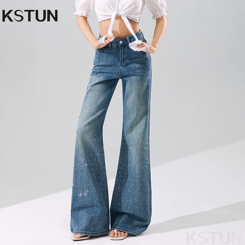 

KSTUN 2026 Stretchy High Waist Women's Bell Bottom Jeans Denim Flared Pants Hotfix Rhinestones Glittering Spicy Girl Trousers