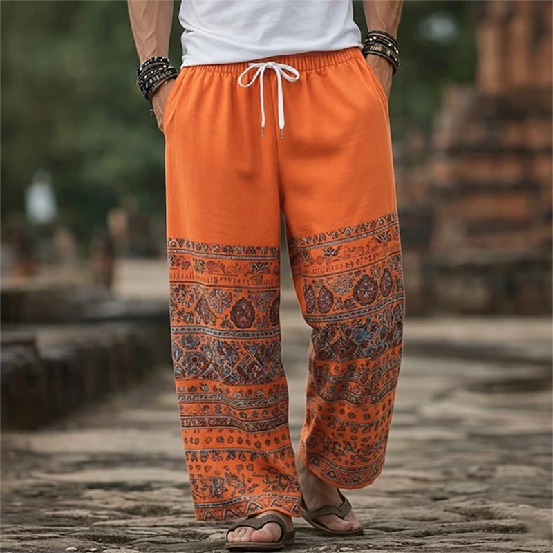 2026 New Men's 3D Ethnic-Style Floral Print Casual Pants Loose Fit with Elastic Waistband and Drawstring Spring Fall Style