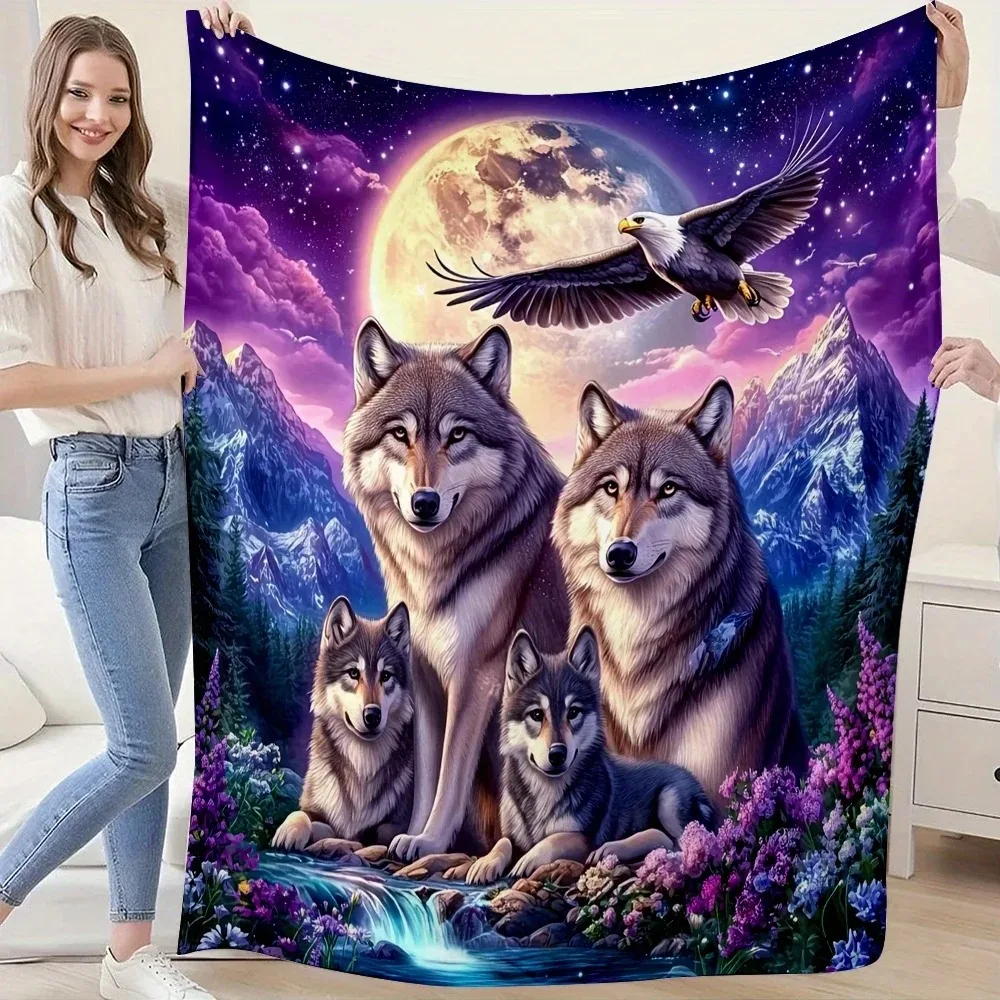 Wolf Family Moon Night Eagle Throw Blanket Fantasy Art Nature Scene Soft Fleece Boho Decor Animal Lover Gift Cozy Home Textile