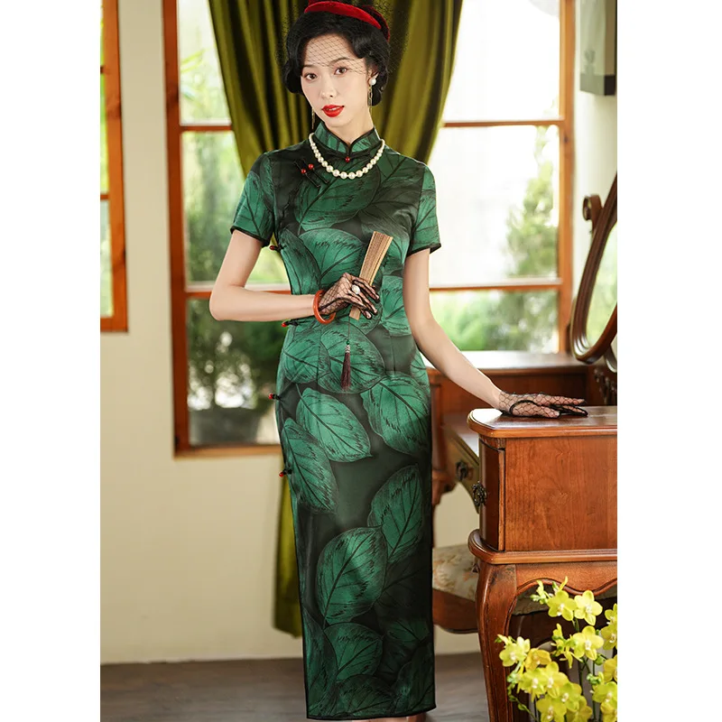 

Высококачественная летняя женская улучшенная одежда Cheongsam Qipao в китайском стиле 2024, винтажная шелковая зеленая элитная одежда