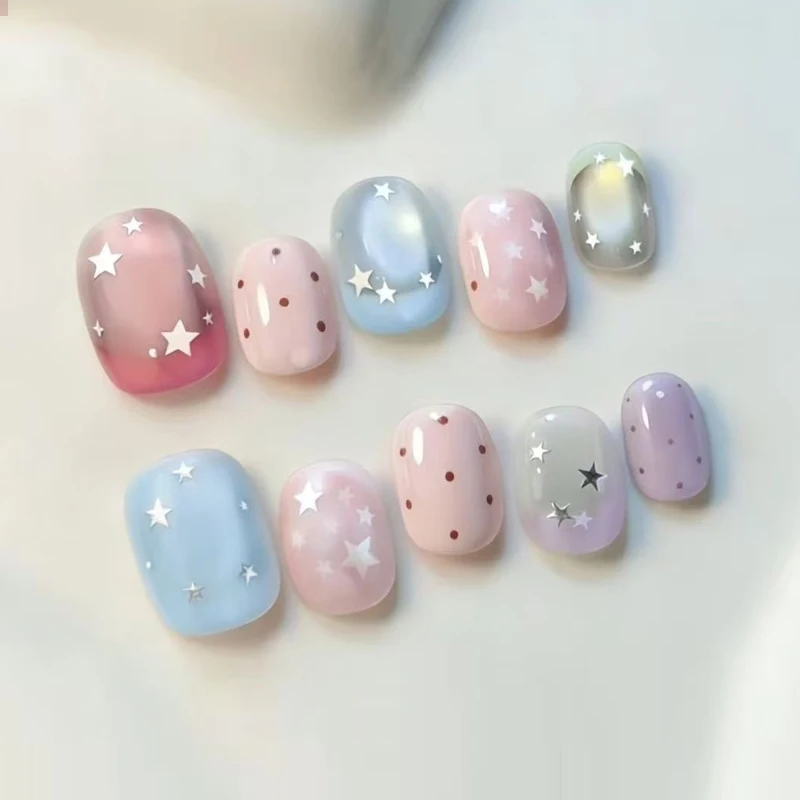 10 Stück Kurze Ovale Form Bunte Dopamin-inspirierte Frische Aufklebenägel Abnehmbare Nagel-Patches Gepunktete Künstliche Nägel Nagelkunst