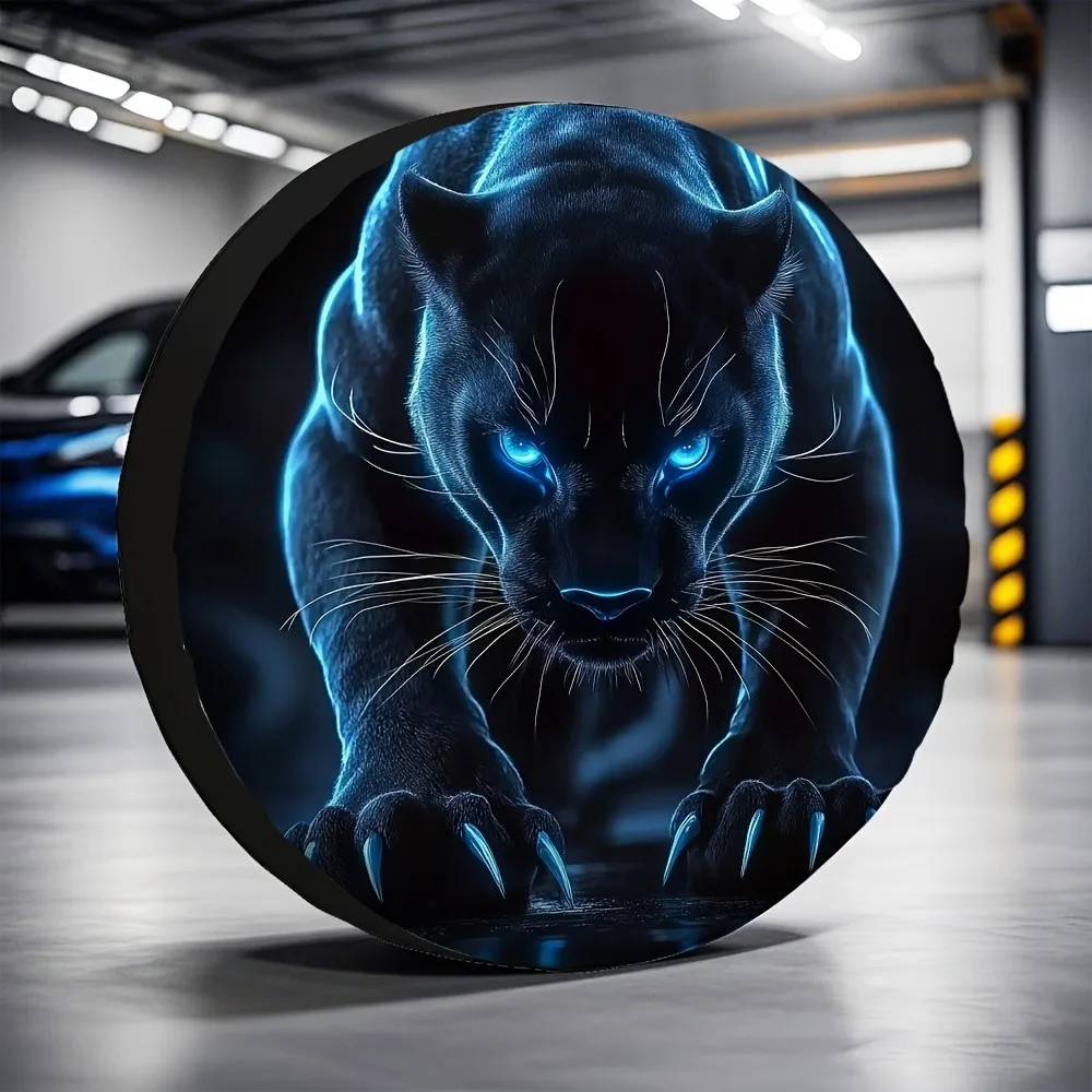 

Blue Glowing Panther Tire Cover Durable Polyester Spare Wheel Protector Case
