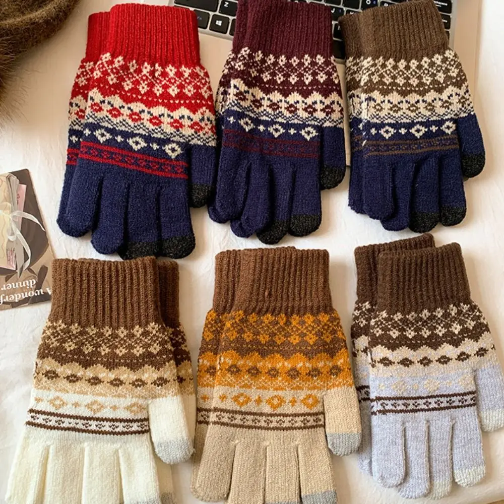 

Зимние вязаные перчатки в стиле Fair Isle, красные, толстые, с принтом, шерстяные, ветрозащитные, с сенсорным экраном, женские, для велоспорта, осенние