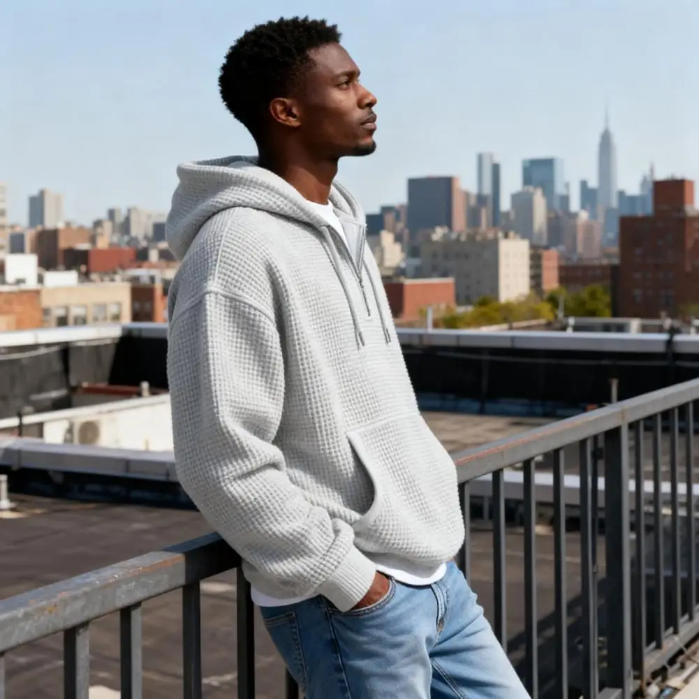 

Толстовка с вафельной текстурой, мужская толстовка на молнии на четверть, пуловер вафельной вязки, толстовка с карманом на шнурке, повседневная свободная посадка, длинная