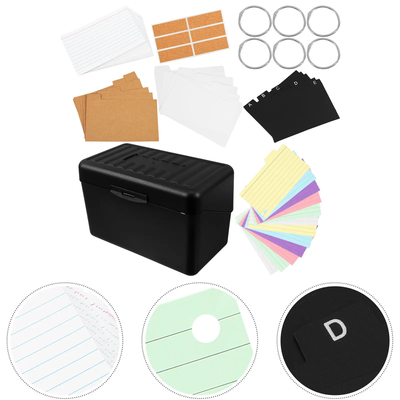 1Set Index Card File Box Black Case with 6 Colored Tabs Lined Cards Note Card Organizer for Office Home Tab Index Cards
